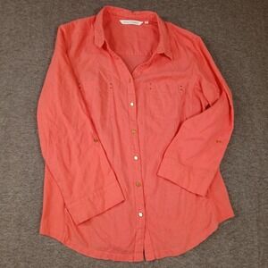 Emily Daniels Women's‎ Blouse Large Red Corral Snap Button Long Sleeve 55% Linen